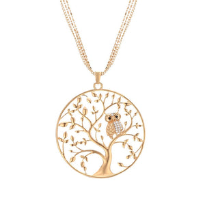 Gold Big Round Pendant Tree of life Owl Necklace