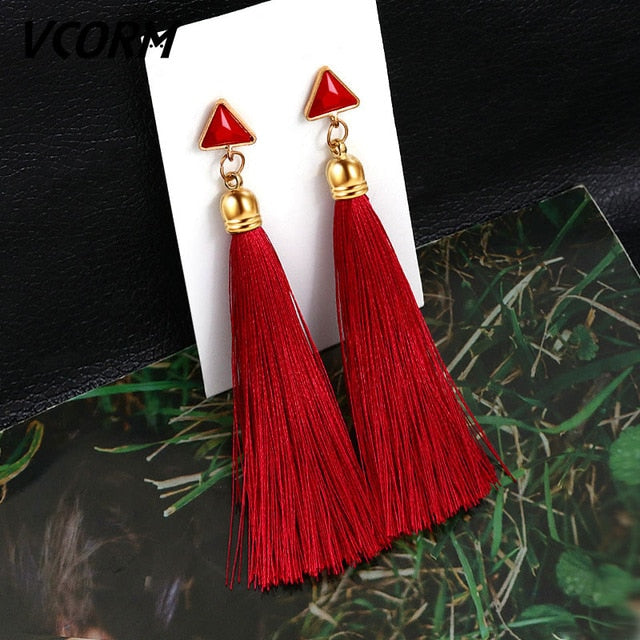 Bohemian Tassel Fringe Crystal Long Drop Earrings
