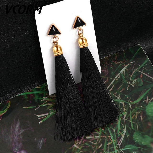 Bohemian Tassel Fringe Crystal Long Drop Earrings