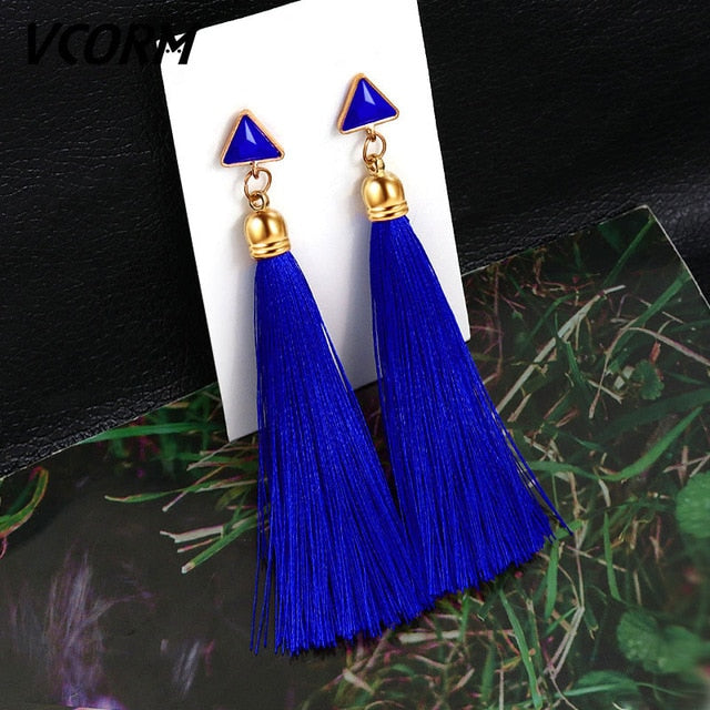Bohemian Tassel Fringe Crystal Long Drop Earrings