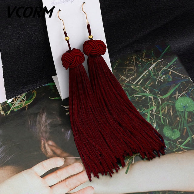 Bohemian Tassel Fringe Crystal Long Drop Earrings