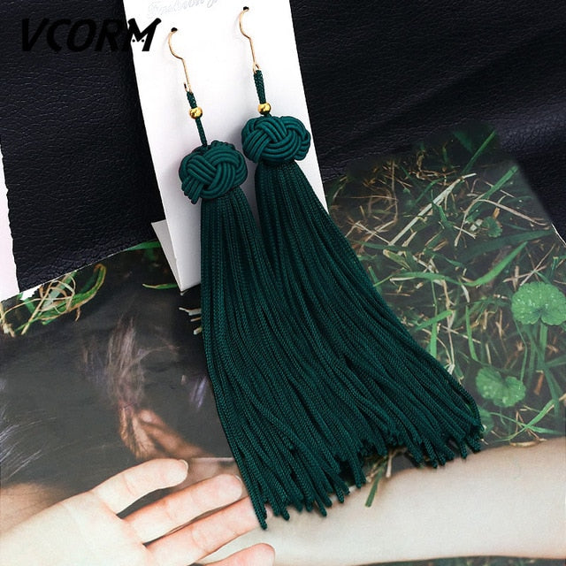 Bohemian Tassel Fringe Crystal Long Drop Earrings