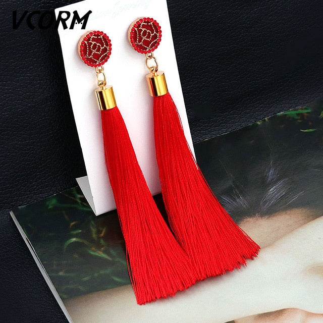 Bohemian Tassel Fringe Crystal Long Drop Earrings