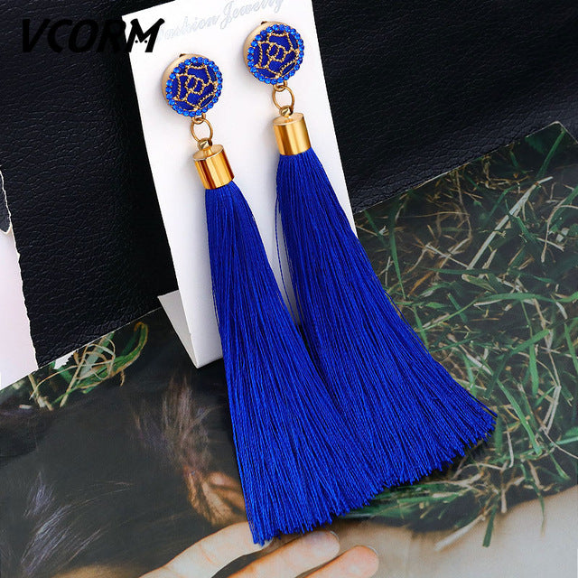 Bohemian Tassel Fringe Crystal Long Drop Earrings