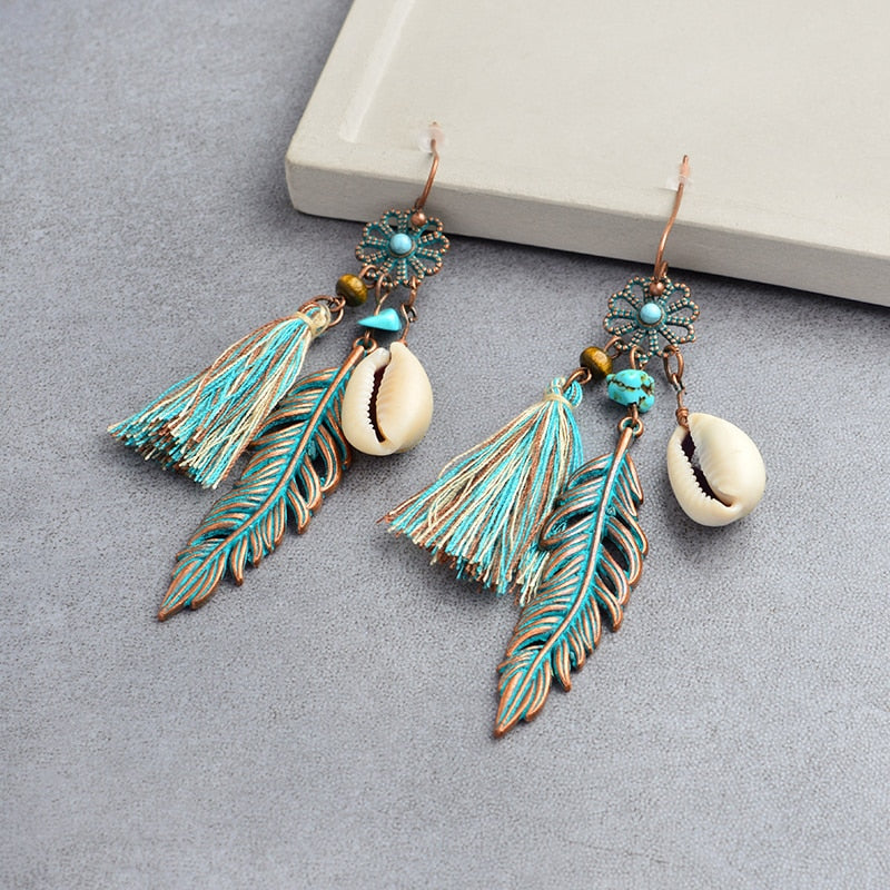 New  Bohemian Blue Tassel Flower Feather Shell Earrings