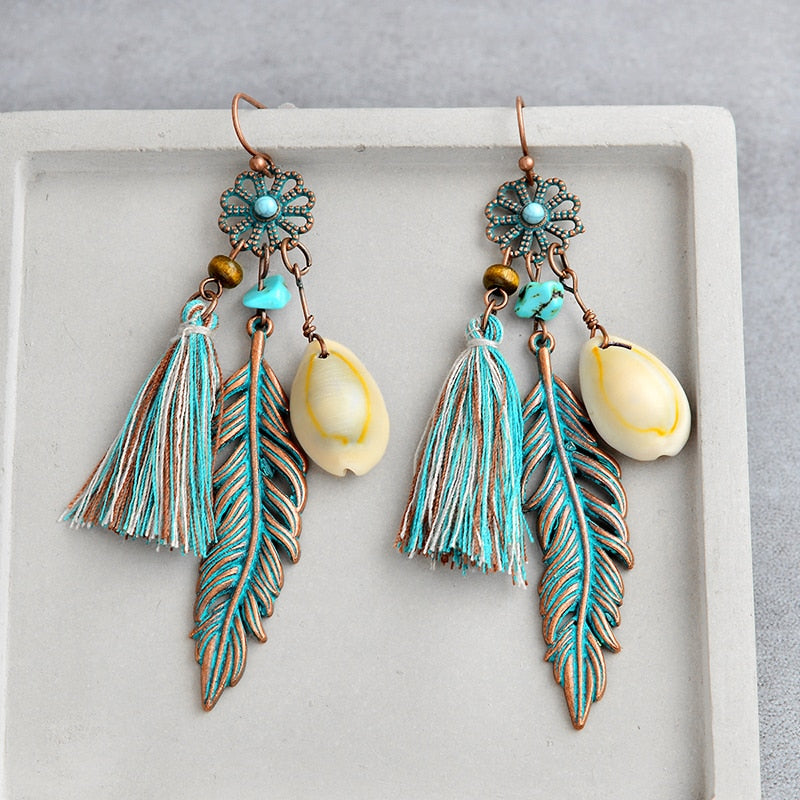 New  Bohemian Blue Tassel Flower Feather Shell Earrings