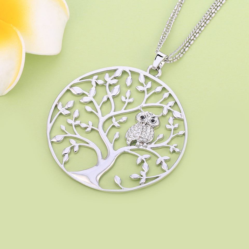 Gold Big Round Pendant Tree of life Owl Necklace