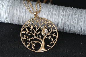 Gold Big Round Pendant Tree of life Owl Necklace