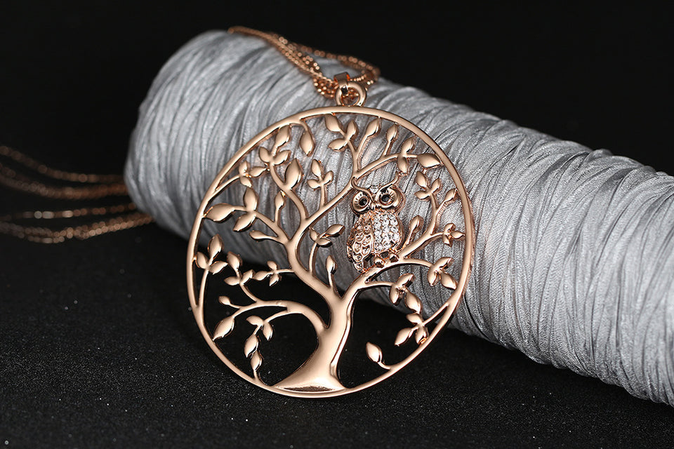 Gold Big Round Pendant Tree of life Owl Necklace