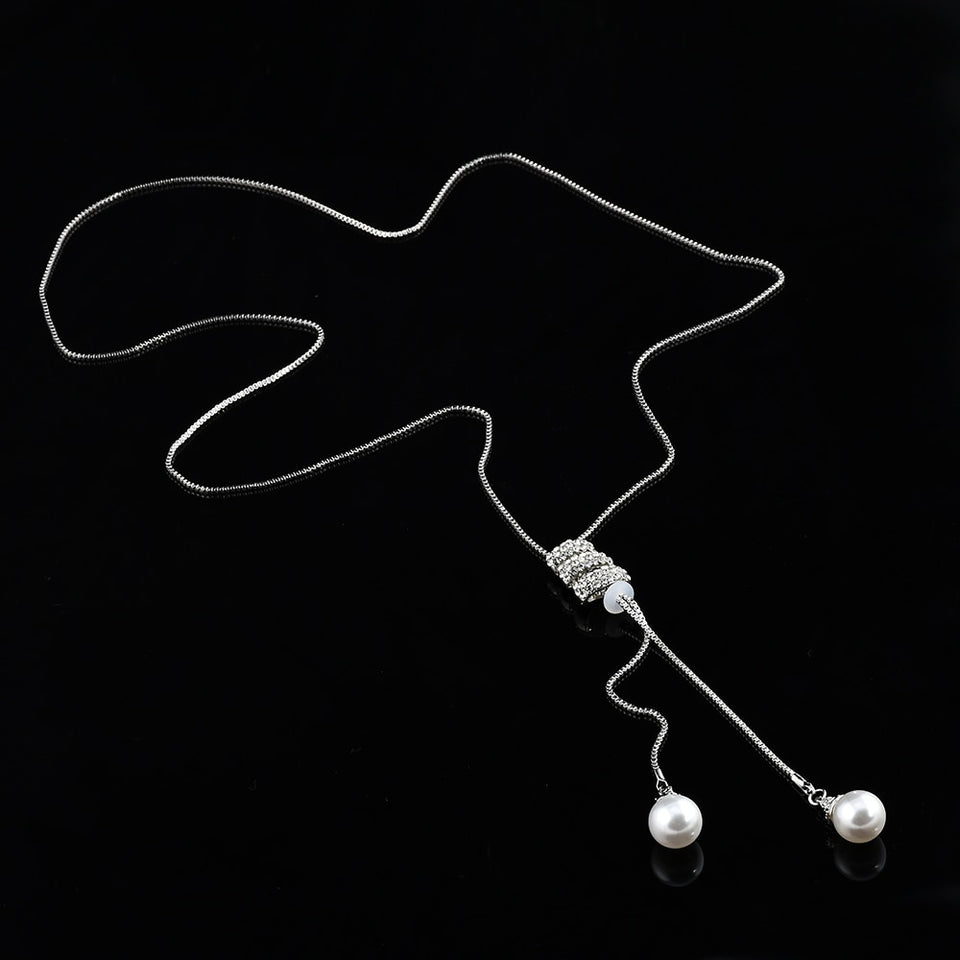 High Quality Tassel Rhinestone Crystal Pearl Long Chain Necklace