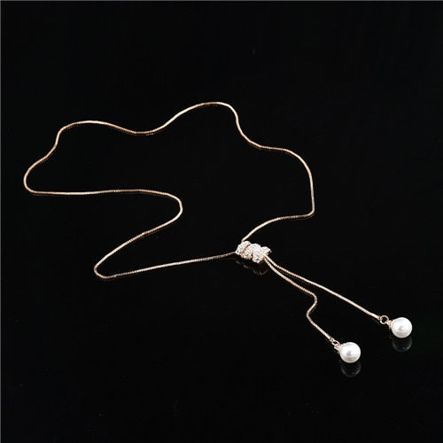 High Quality Tassel Rhinestone Crystal Pearl Long Chain Necklace