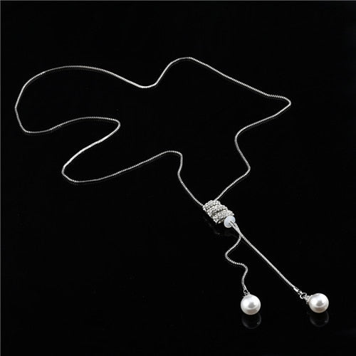High Quality Tassel Rhinestone Crystal Pearl Long Chain Necklace