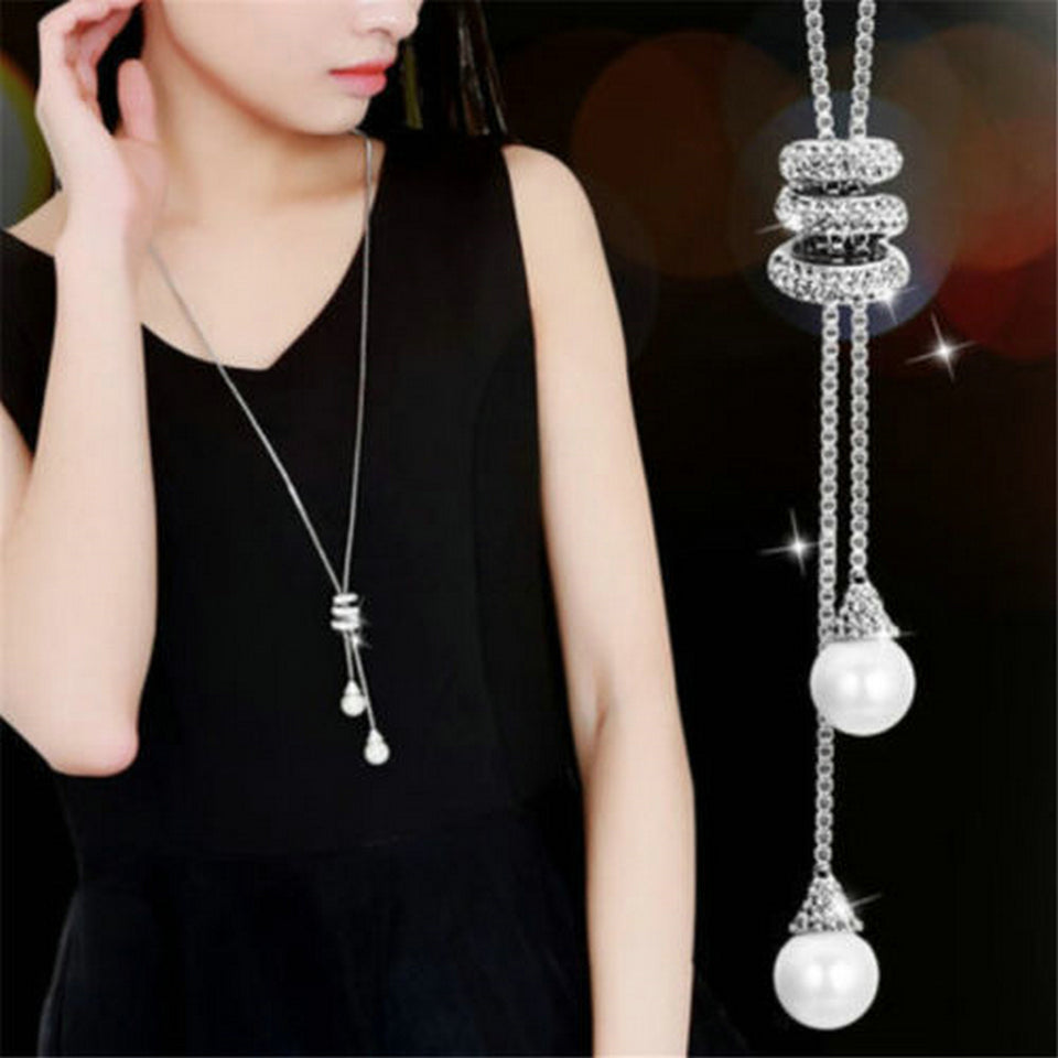 High Quality Tassel Rhinestone Crystal Pearl Long Chain Necklace