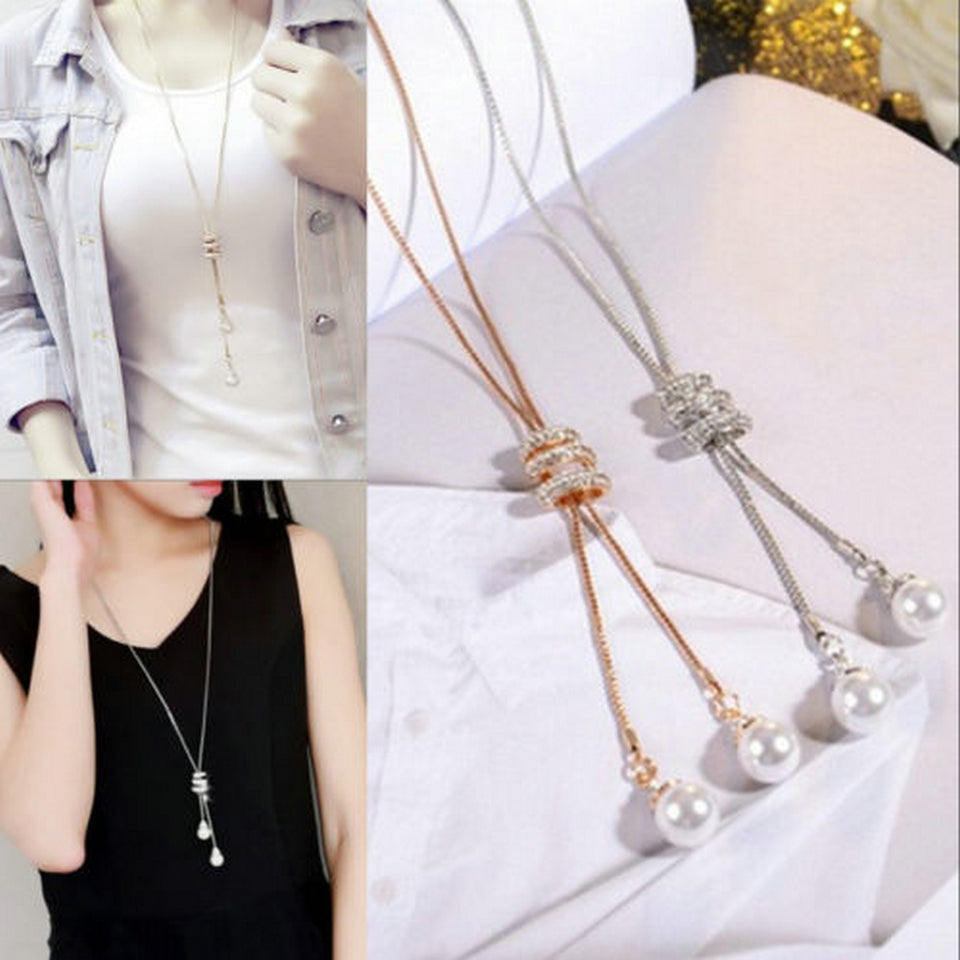 High Quality Tassel Rhinestone Crystal Pearl Long Chain Necklace