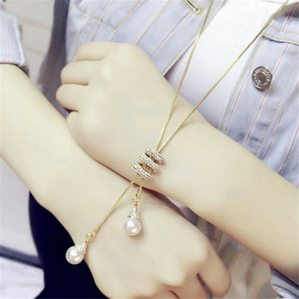 High Quality Tassel Rhinestone Crystal Pearl Long Chain Necklace