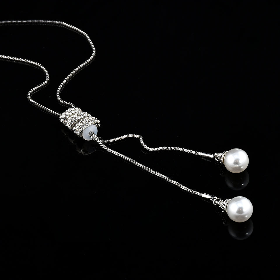 High Quality Tassel Rhinestone Crystal Pearl Long Chain Necklace
