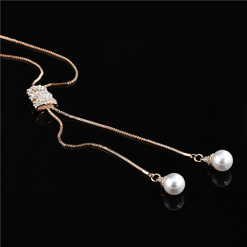 High Quality Tassel Rhinestone Crystal Pearl Long Chain Necklace