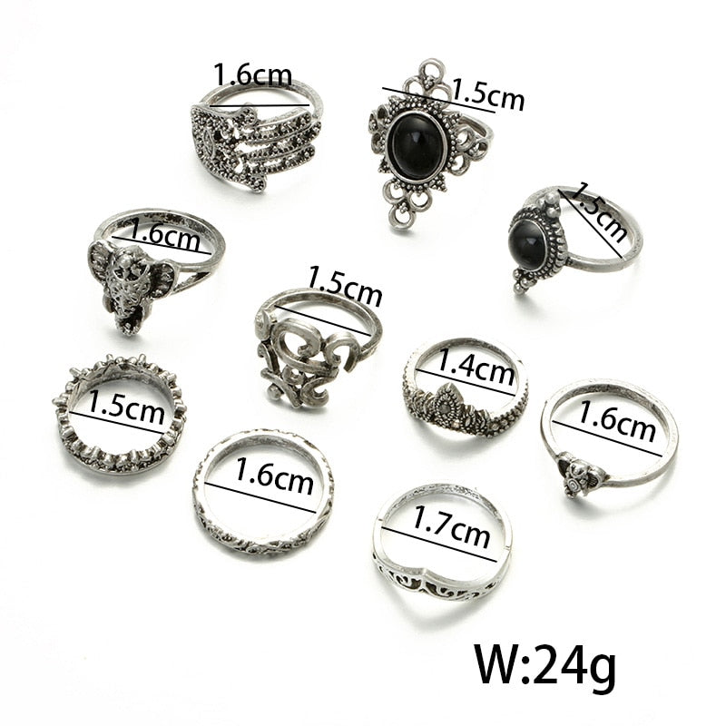 Vintage Antique Silver Punk Black Opal Elephant Ring Set