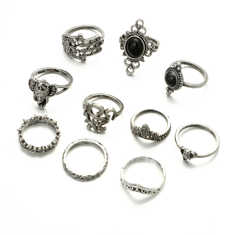 Vintage Antique Silver Punk Black Opal Elephant Ring Set