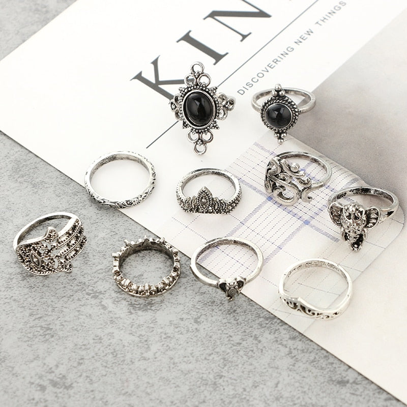 Vintage Antique Silver Punk Black Opal Elephant Ring Set