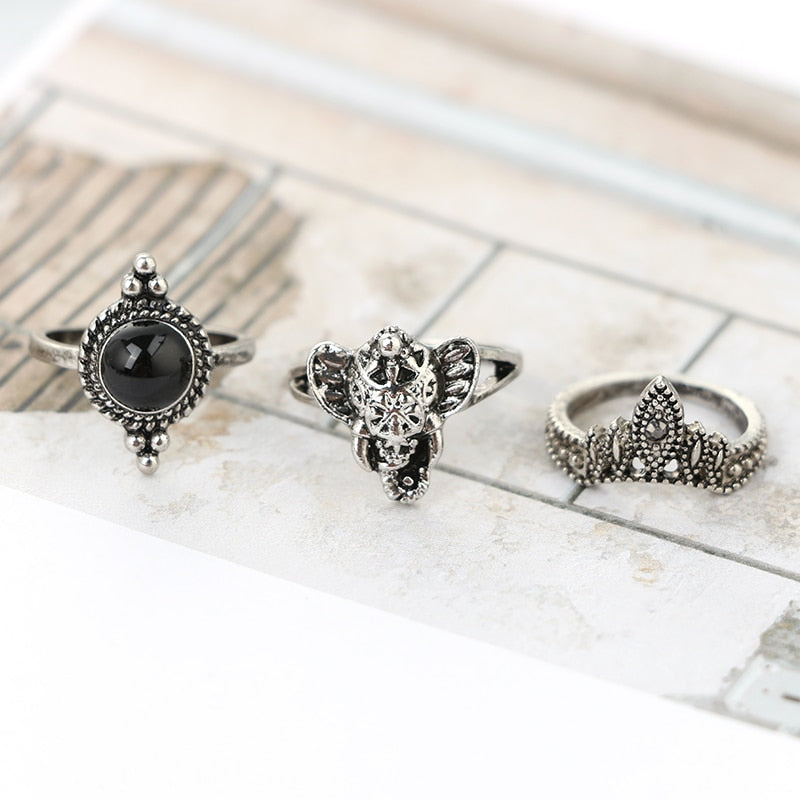 Vintage Antique Silver Punk Black Opal Elephant Ring Set