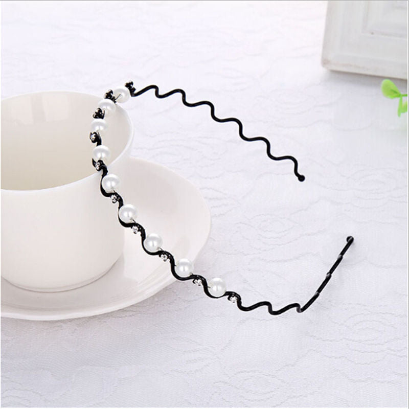 Women Girls Pearl Crystal Wave Hair Bands