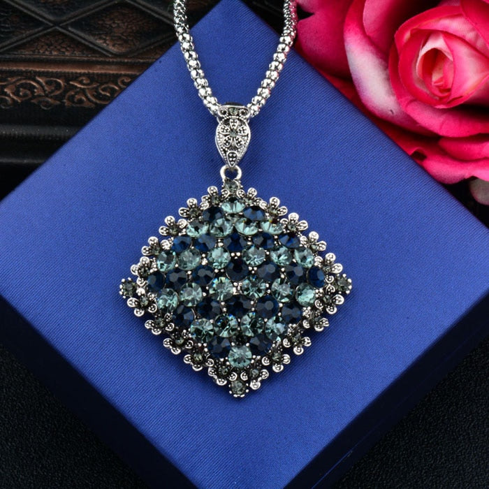 Vintage Full Dark Blue Rhinestone Big Pendant Long Necklace