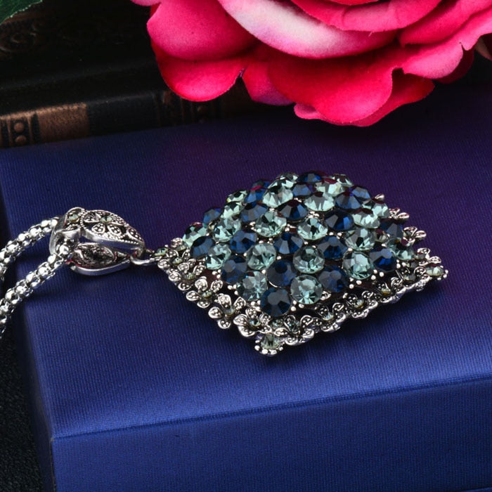Vintage Full Dark Blue Rhinestone Big Pendant Long Necklace