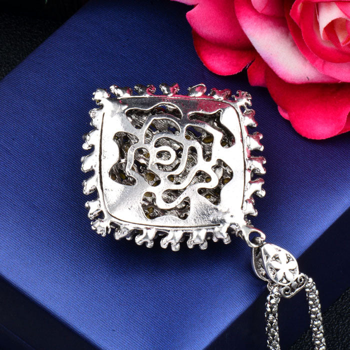 Vintage Full Dark Blue Rhinestone Big Pendant Long Necklace