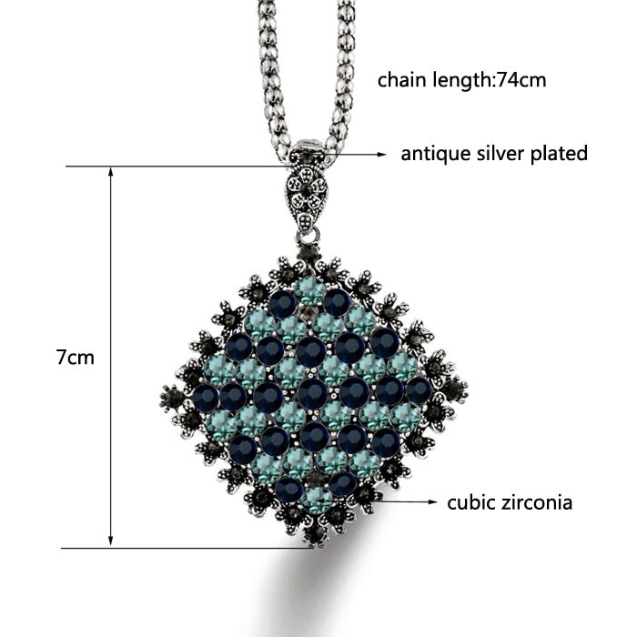 Vintage Full Dark Blue Rhinestone Big Pendant Long Necklace