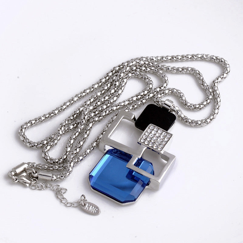 Silver Color Hollow Geometric Big Crystal long Pendant Necklace