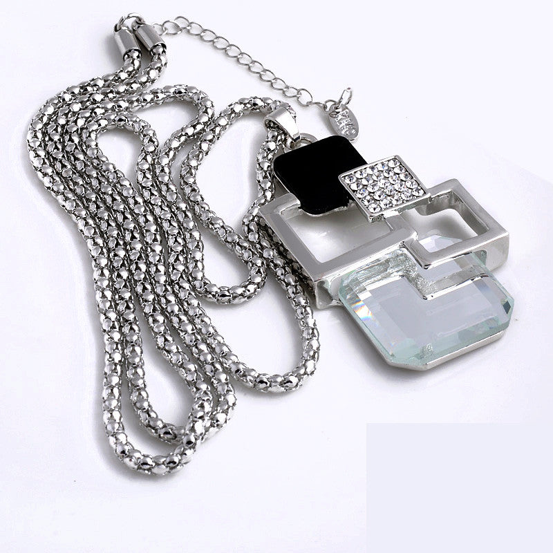 Silver Color Hollow Geometric Big Crystal long Pendant Necklace