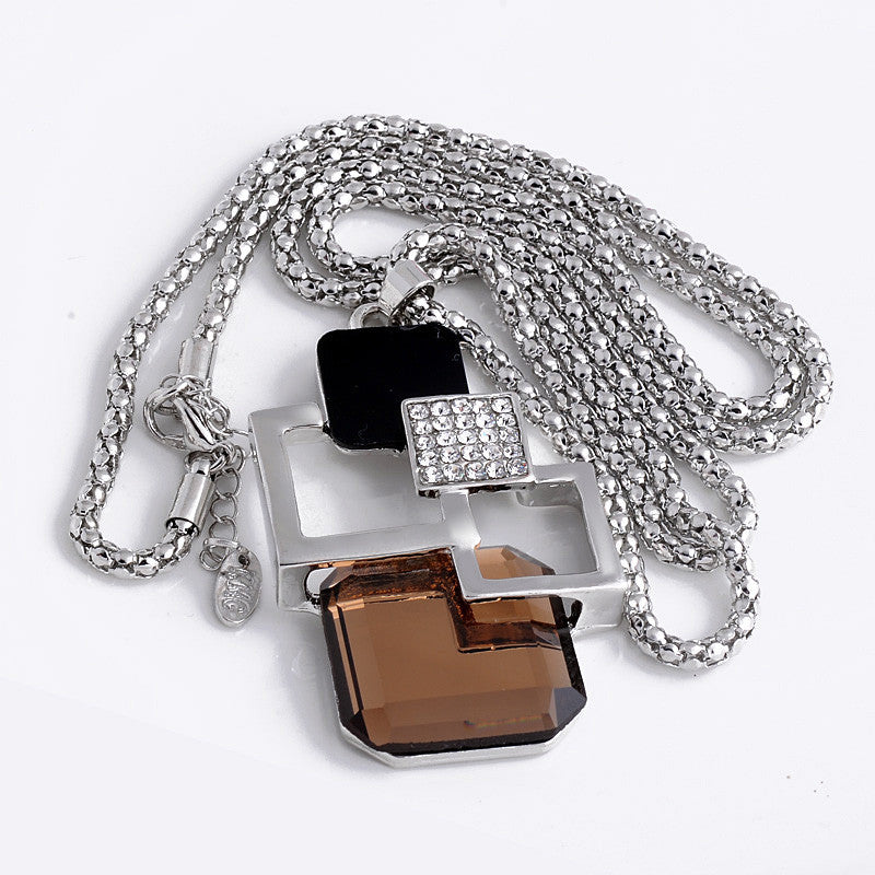 Silver Color Hollow Geometric Big Crystal long Pendant Necklace