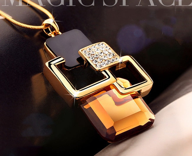 Silver Color Hollow Geometric Big Crystal long Pendant Necklace