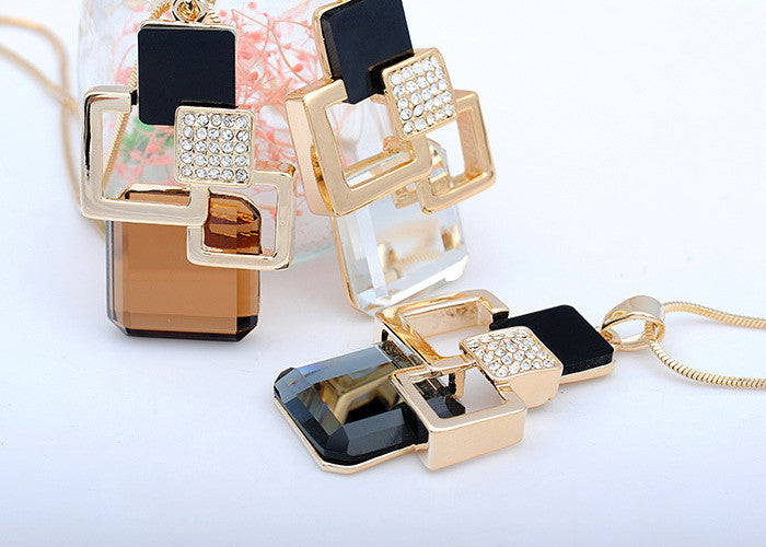 Silver Color Hollow Geometric Big Crystal long Pendant Necklace