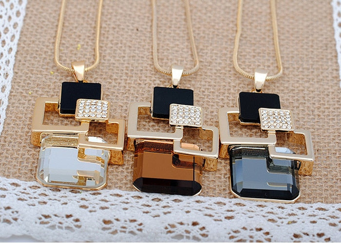 Silver Color Hollow Geometric Big Crystal long Pendant Necklace