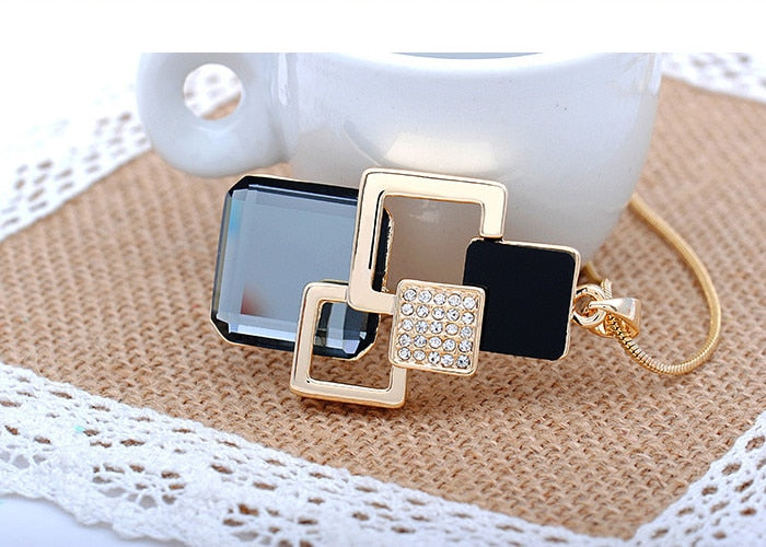 Silver Color Hollow Geometric Big Crystal long Pendant Necklace