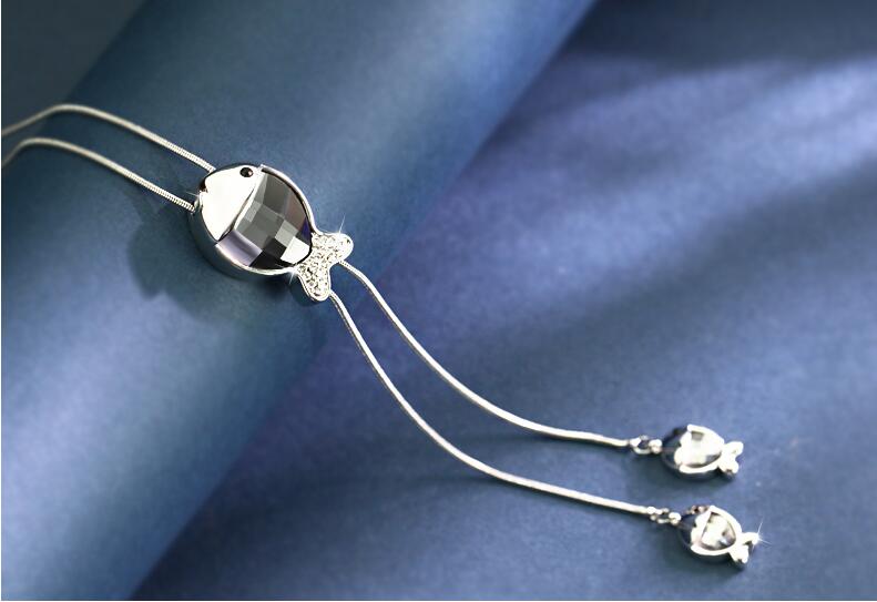 Silver Color Hollow Geometric Big Crystal long Pendant Necklace