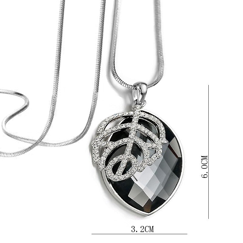 Silver Color Hollow Geometric Big Crystal long Pendant Necklace