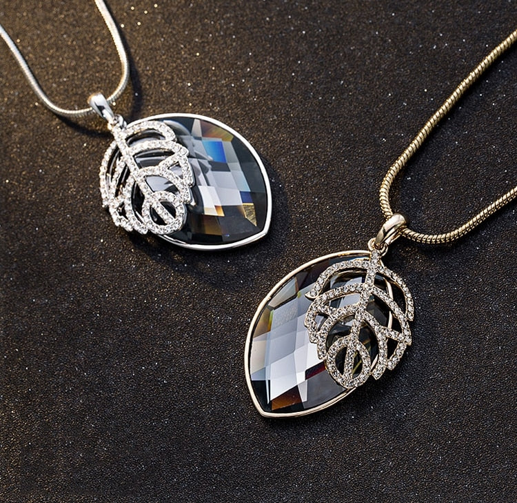 Silver Color Hollow Geometric Big Crystal long Pendant Necklace