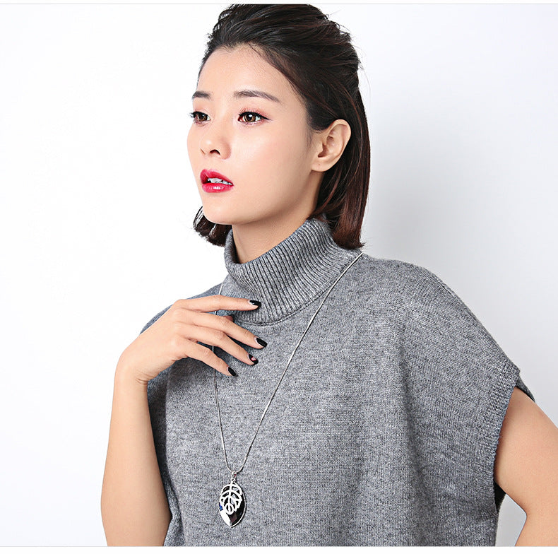 Silver Color Hollow Geometric Big Crystal long Pendant Necklace