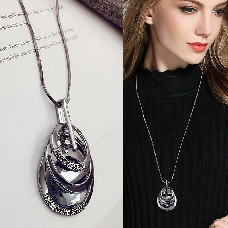 Silver Color Hollow Geometric Big Crystal long Pendant Necklace