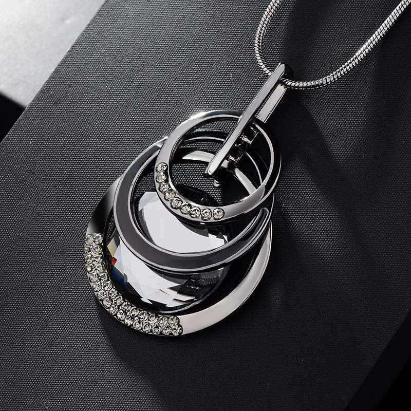 Silver Color Hollow Geometric Big Crystal long Pendant Necklace