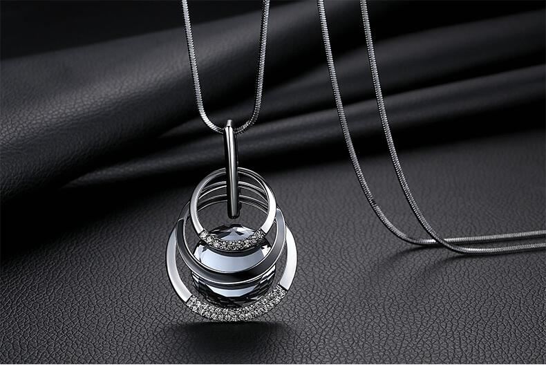 Silver Color Hollow Geometric Big Crystal long Pendant Necklace