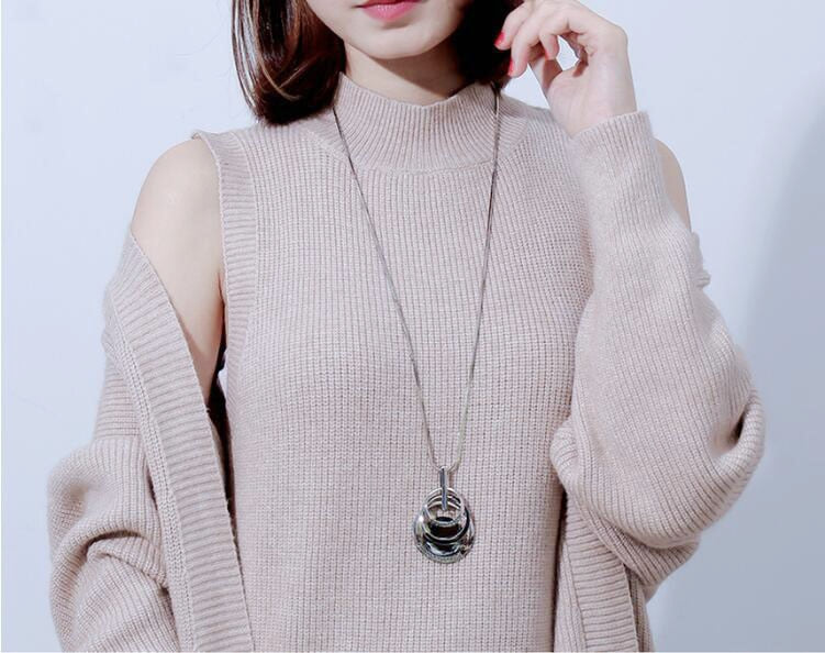 Silver Color Hollow Geometric Big Crystal long Pendant Necklace