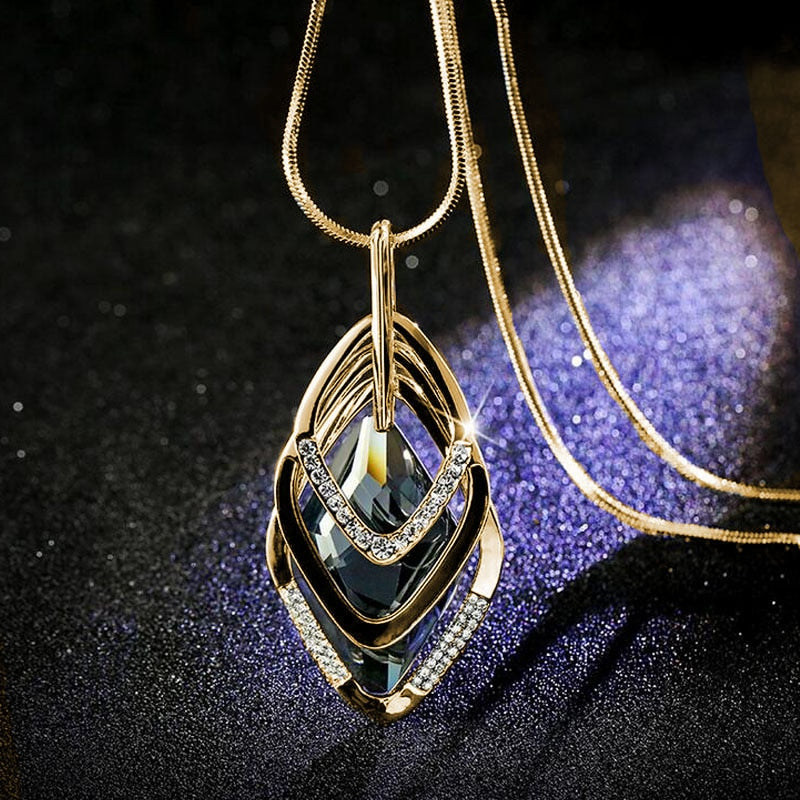 Silver Color Hollow Geometric Big Crystal long Pendant Necklace