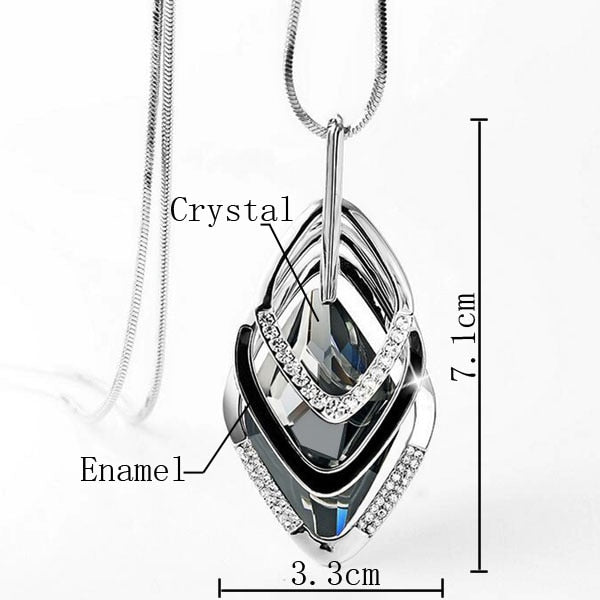Silver Color Hollow Geometric Big Crystal long Pendant Necklace