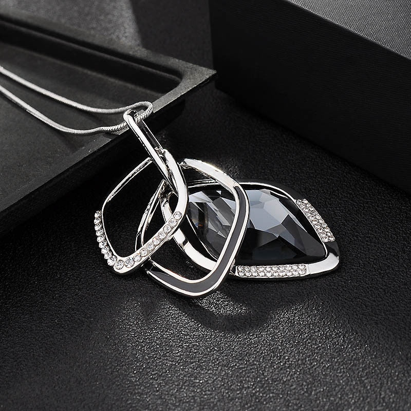 Silver Color Hollow Geometric Big Crystal long Pendant Necklace