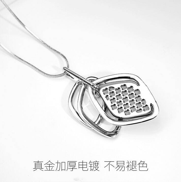 Silver Color Hollow Geometric Big Crystal long Pendant Necklace
