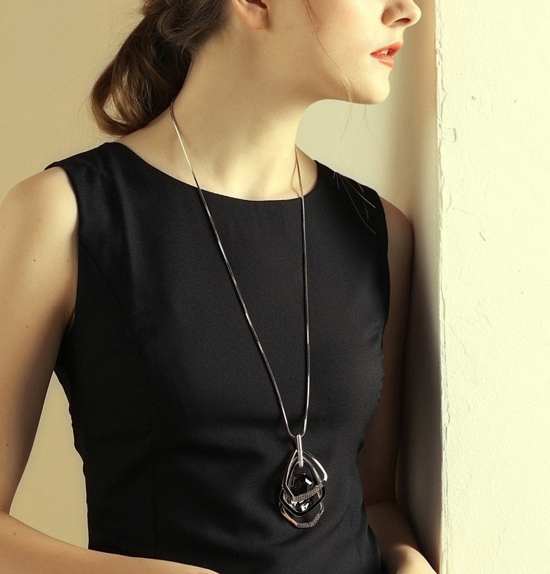 Silver Color Hollow Geometric Big Crystal long Pendant Necklace